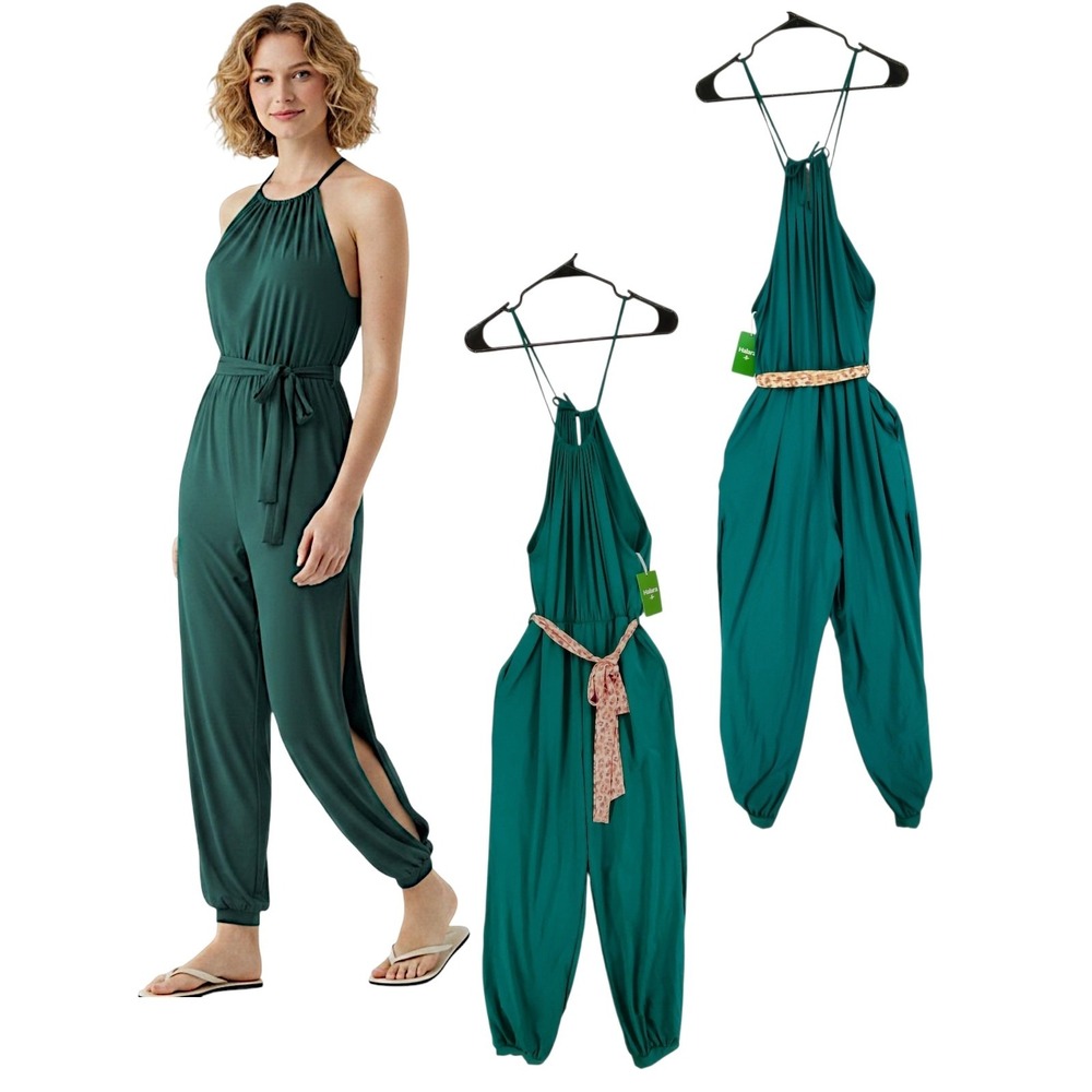 Halara Jumpsuit M Women Green Halter Neck Pockets Athleisure Jogger Slit Leg NEW